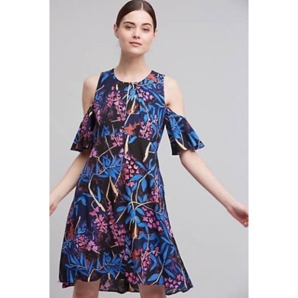 Maeve Anthropologie Elia Open Shoulder Blue Floral Dress SZ 14‎